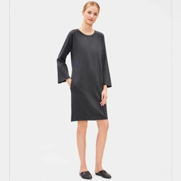Eileen Fisher Organic-Cotton Jersey Round-Neck Dress Size Medium in Graphite - Picture 3 of 13